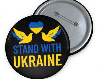 Stand With Ukraine Pin Button, Ukrainian Flag Heart