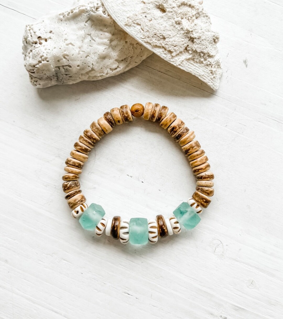 Coconut Shell Bracelet With African Recycled Glass Beads/beach Etsy