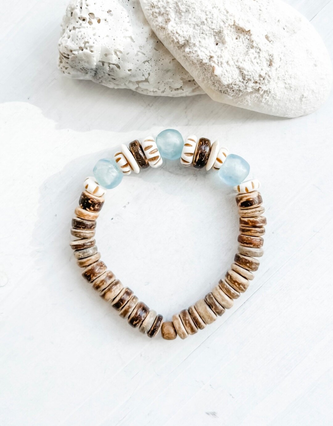 Coconut Shell Bracelet With African Recycled Glass & Bone Etsy