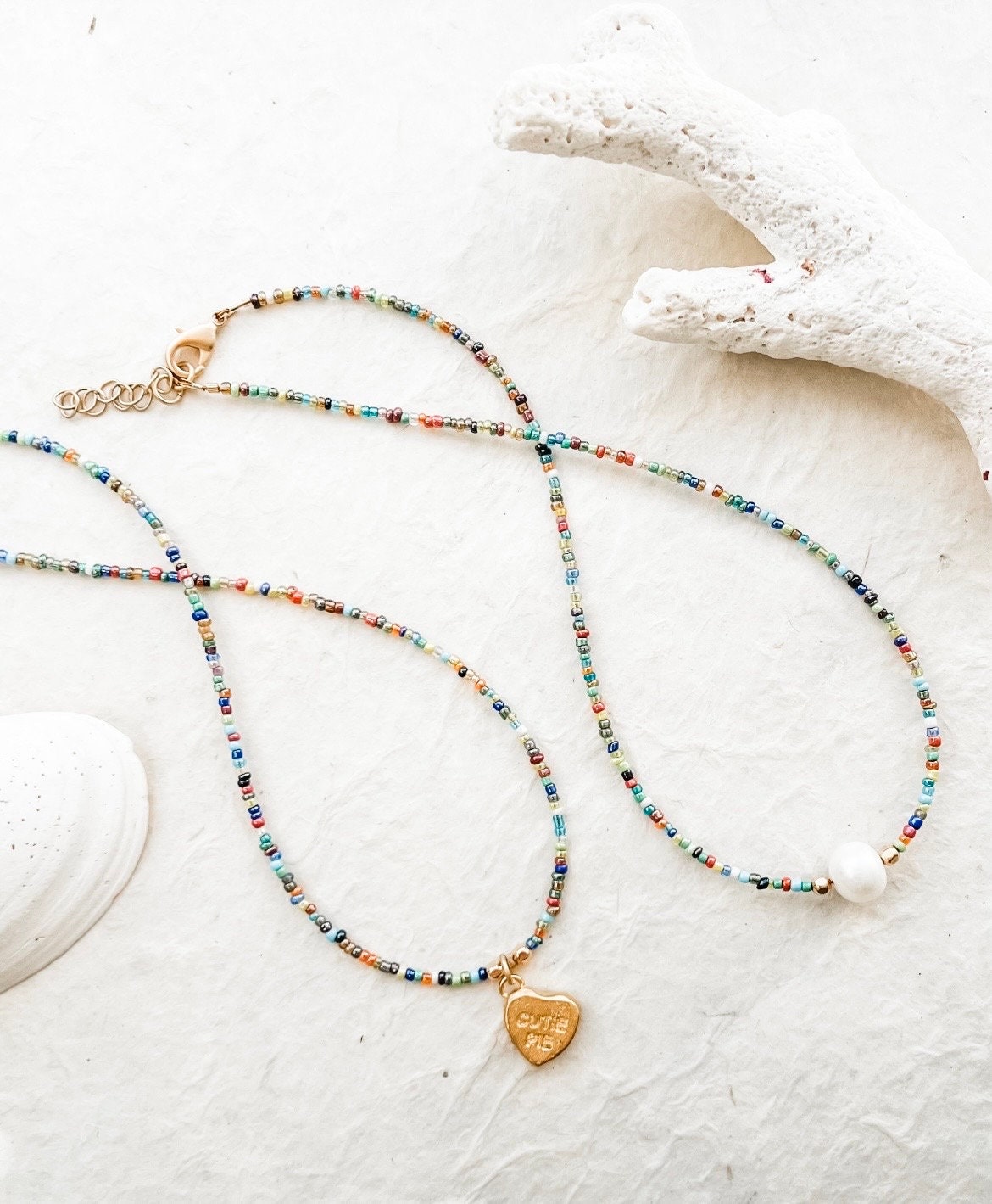Multicolored Glass Bead Necklace With Gold Heart/boho