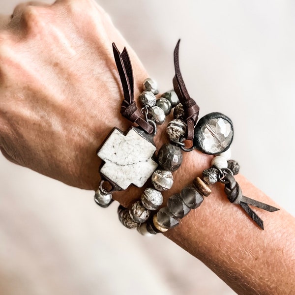 Pyrite Bracelet With Artisan Stone Cross/Boho Chic/Boho Bracelet/Hippie Chic/Rustic Jewelry/Gift For Her/Gemstone Bracelet