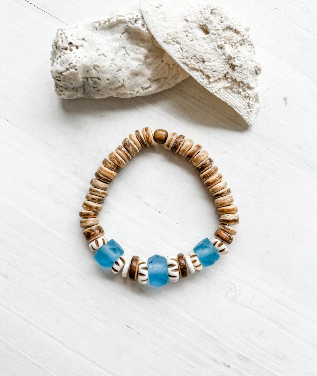 Coconut Shell Bracelet With African Recycled Glass Beads/boho Etsy