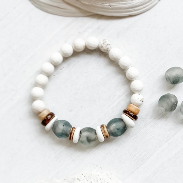 Howlite Stone Bracelet With African Recycled Glass Beads/Boho Chic/Beachy Boho Bracelet/Gift For Her/Stretch Bracelet/Hippie Chic