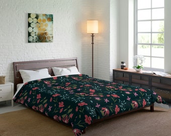 Red Flowers and Vines Floral Design Comforter