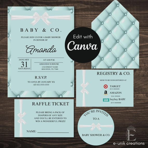 Teal Baby and Co. Shower Invitation Kit | Diaper Raffle, Registry Card (Digital PDF Files 5x7 inches)