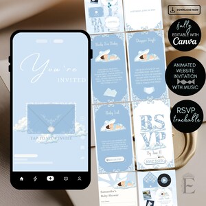 May include: A digital baby shower invitation template displayed on a smartphone screen, featuring a light blue colour palette with cloud motifs, an envelope graphic, and text including You're INVITED, TAP TO VIEW INVITE, Books For Baby, and RSVP.