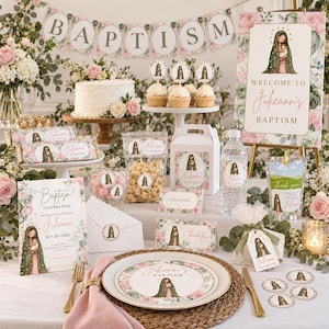 Guadalupe Baptism Bundle, Editable Canva Templates with Virgen de Decor