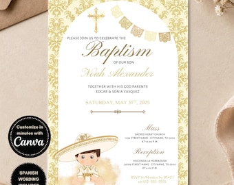 May include: A baptism invitation card featuring a gold damask border, a central arch, a cross, and papel picado bunting. It includes text for Noah Alexander, godparents Edgar and Sonia Vasquez, and event details for May 31st, 2025, with a cartoon baby.