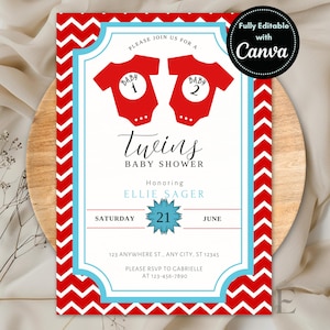 Könnte beinhalten: Eine Babyparty-Einladung für Zwillinge mit roten Stramplern mit "Baby 1" und "Baby 2". Die Einladung hat einen rot-weißen Zickzack-Rand, einen blauen Rahmen und den Text "Twins Baby Shower".
