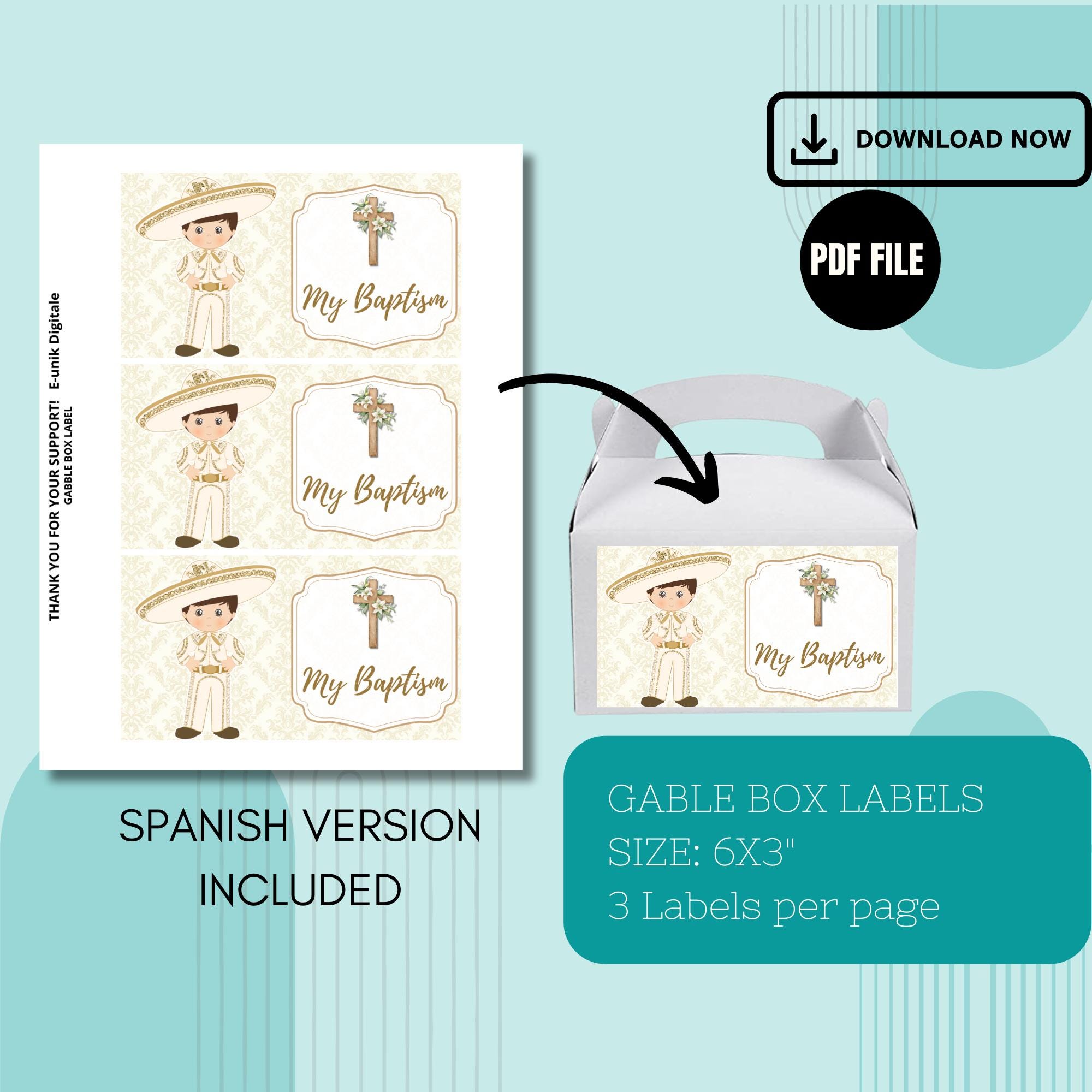 Gold Charro Baptism Party Box Labels: Printable Party Decor (PDF File ...