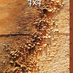 Puede incluir: Un fondo abstracto texturizado con una mezcla de tonos marrones y beige. La imagen presenta el texto "7x7" en blanco. La superficie tiene un aspecto rugoso y desgastado, con zonas de textura desmenuzable y una línea vertical.