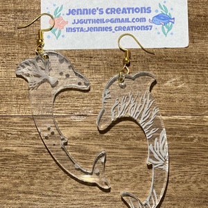 Dolphin & Sea Turtles Coral ClearAcrylic Earrings, Sea Turtles Coral Ocean wonders statement earrings