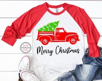 Christmas Shirt, Merry Christmas Shirt, Red Christmas Truck Shirt, Christmas Raglan Tee, Vintage Christmas Tree Truck, Winter Shirt, Xmas