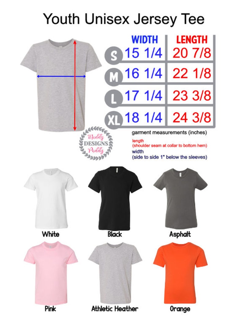 May include: Youth unisex jersey tee shirt size chart with measurements in inches. The chart shows sizes S, M, L, and XL with corresponding width and length measurements. The image also shows six different color options for the tee shirt: white, black, asphalt, pink, athletic heather, and orange.