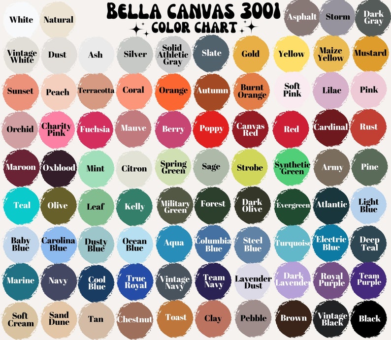 May include: Color chart for Bella Canvas 3001 t-shirts, showing 60 different colors in a grid format. The colors are arranged in rows and columns, with each color represented by a circle.