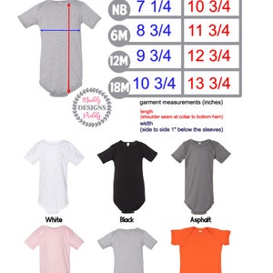 May include: Infant bodysuit in various colors, including white, black, asphalt, pink, athletic heather, and orange. The bodysuit is available in sizes NB, 6M, 12M, and 18M. A size chart shows the width and length measurements in inches for each size.