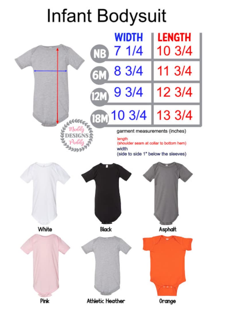 May include: Infant bodysuit in various colors, including white, black, asphalt, pink, athletic heather, and orange. The bodysuit is available in sizes NB, 6M, 12M, and 18M. A size chart shows the width and length measurements in inches for each size.