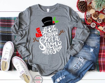 Camiseta de muñeco de nieve, camiseta navideña, camiseta Let It, Navidad, camiseta de manga larga, camiseta de invierno, camiseta de nieve, vacaciones, regalo de Navidad, camisetas navideñas