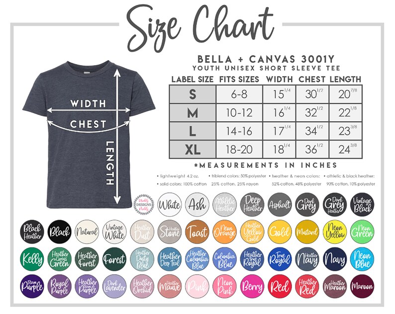 May include: Size chart for Bella + Canvas 3001Y youth unisex short sleeve tee. The chart shows label size, fits sizes, width, chest, and length in inches. The chart is on a gray background with a white border. The chart is surrounded by color swatches.