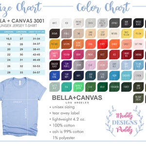 May include: A size chart and color chart for Bella + Canvas 3001 unisex jersey t-shirts. The chart shows chest, length, and chest to fit measurements in inches. The color chart shows a variety of colors, including white, black, grey, blue, green, and red.
