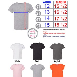 May include: A chart showing toddler jersey tee sizes in a variety of colors, including white, black, asphalt, pink, athletic heather, and orange. The chart shows the width and length measurements in inches for sizes 2T, 3T, 4T, and 5T.