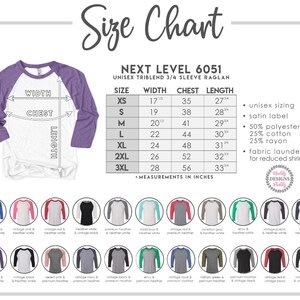 May include: Size chart for a unisex 3/4 sleeve raglan t-shirt. The chart shows measurements in inches for width, chest, and length. The t-shirt is available in sizes XS to 3XL. The chart also includes information about the fabric composition: 50% polyester, 25% cotton, and 25% rayon.