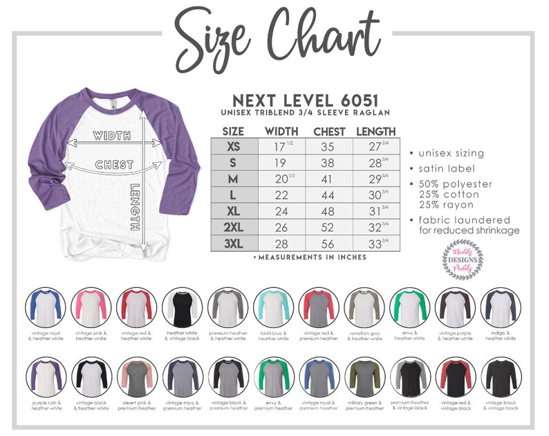 May include: Size chart for a unisex 3/4 sleeve raglan t-shirt. The chart shows measurements in inches for width, chest, and length. The t-shirt is available in sizes XS to 3XL. The chart also includes information about the fabric composition: 50% polyester, 25% cotton, and 25% rayon.