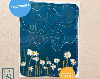 Druk risograficzny „Kalifornia” | Ilustracja „Kwiaty oceanu” | Grafika artystyczna „Dziewczyna z granolą w ziemi” | Grafika „Natura, plaża, plener”
