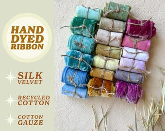 Lint van gerecycled katoen | Katoenen gaas | Trouwlint | Handgeverfd lint | Kranslint | Bloemenboeket | Weeflint | Zijde fluweel