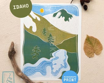 Odbitka Risograph z Idaho | Ilustracja z górską rzeką Riso | Grafika artystyczna Earthy Granola Girl | Grafika Outdoory Hiking Nature