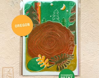 Druk risograficzny Oregon | Ilustracja leśnego Riso | Grafika artystyczna Earthy Granola Girl | Grafika przyrodnicza Outdoors Hiking