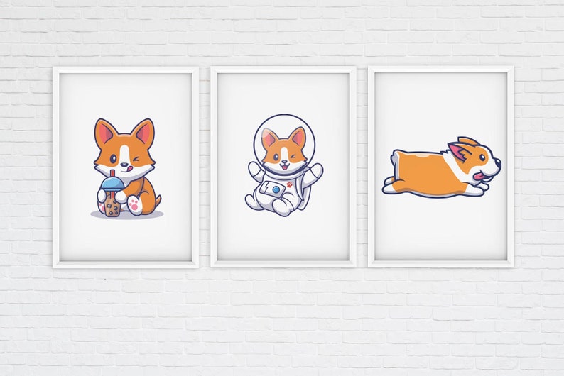 Süße Corgis gerahmt Poster Set Kinder Wandkunst über Bett ...