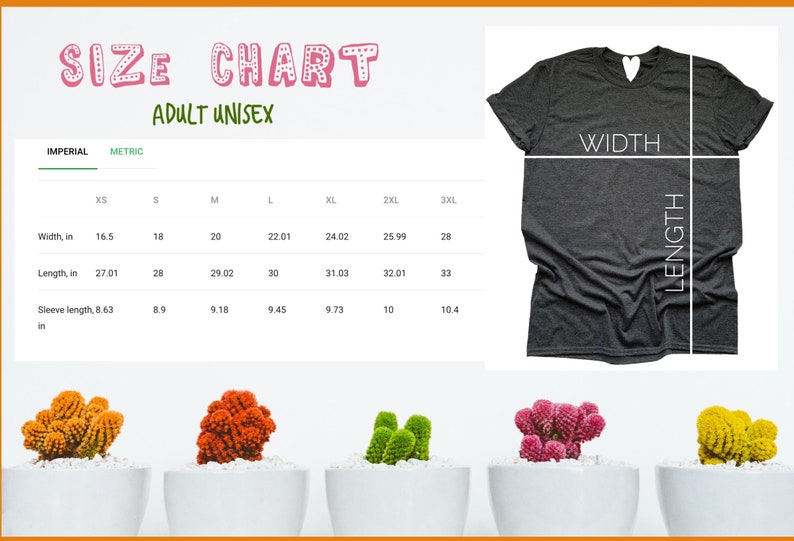Pu&ograve; includere: Tabella delle taglie per t-shirt unisex per adulti con misure in pollici. La tabella mostra la larghezza, la lunghezza e la lunghezza della manica per le taglie XS a 3XL.
