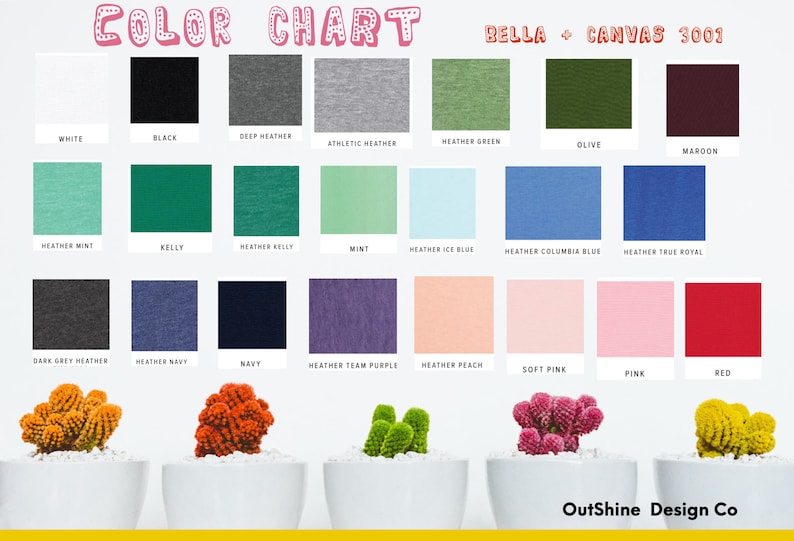 Pu&ograve; includere: Tabella colori che mostra 20 colori diversi di t-shirt Bella + Canvas 3001. I colori includono bianco, nero, grigio scuro melange, grigio atletico melange, verde melange, oliva, granata, menta melange, kelly, kelly melange, menta, azzurro ghiaccio melange, blu columbia melange, blu royal melange, grigio scuro melange, blu navy melange, blu navy, viola melange, pesca melange, rosa tenue, rosa e rosso.