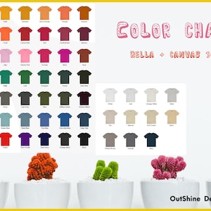 Pu&ograve; includere: Tabella colori per t-shirt Bella + Canvas 3001. La tabella mostra una variet&agrave; di colori, tra cui giallo, arancione, rosso, rosa, verde, marrone, blu, viola e nero. La tabella include anche il testo "OutShine Design Co."