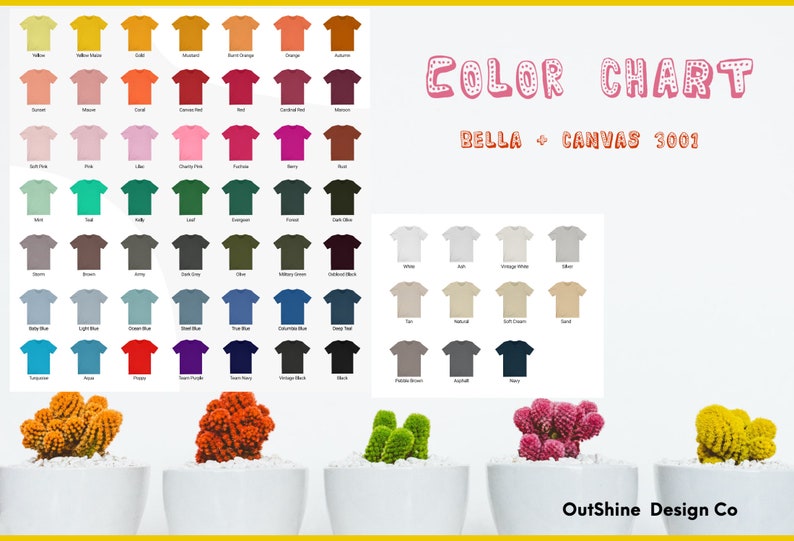 Pu&ograve; includere: Tabella colori per t-shirt Bella + Canvas 3001. La tabella mostra una variet&agrave; di colori, tra cui giallo, arancione, rosso, rosa, verde, marrone, blu, viola e nero. La tabella include anche il testo "OutShine Design Co."