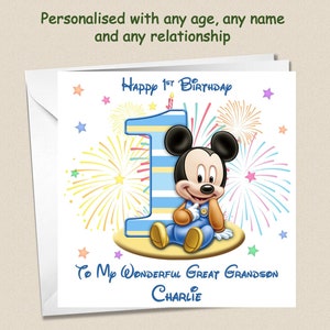 Personalised 1st First Birthday Card Mickey Mouse - Son Grandson Nephew Brother Cousin any relationship