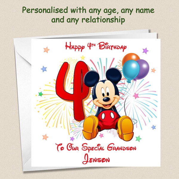 Personalised 4th Birthday Card Mickey Mouse - Son Grandson Nephew Brother Cousin Friend Little Boy any relationship