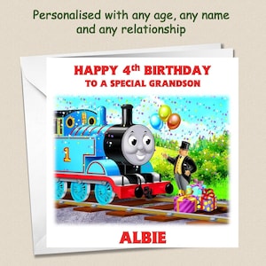 May include: A birthday card with a blue train illustration, the number 1, and the text "HAPPY 4th BIRTHDAY TO A SPECIAL GRANDSON" and the name "ALBIE". The card also features balloons, gifts, and a man in a suit.