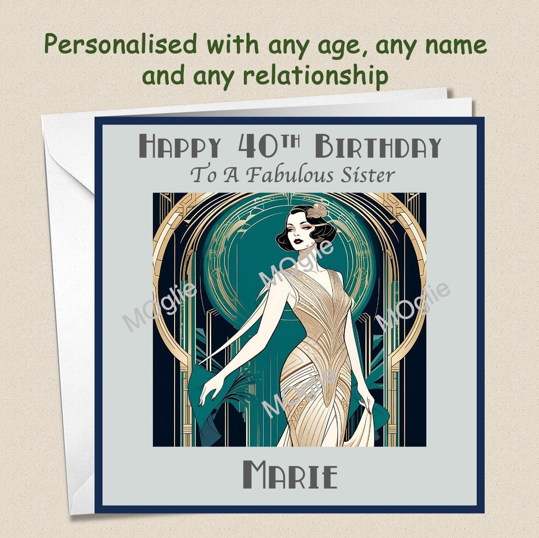 Personalised Female Retro Art Deco Lady Woman Birthday Card Wife Aunty ...