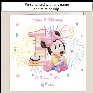 Biglietto di auguri personalizzato per il primo compleanno di Minnie Mouse - Figlia, Nipote, Nipote, Sorella, qualsiasi relazione