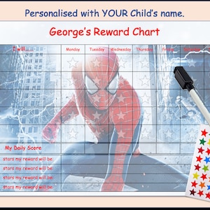May include: A printable Spiderman reward chart with a grid for each day of the week. The chart has a space for a child's name and a section for a daily score. The chart is designed to be used with stickers.