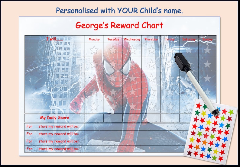 May include: A printable Spiderman reward chart with a grid for each day of the week. The chart has a space for a child's name and a section for a daily score. The chart is designed to be used with stickers.