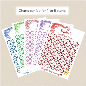 May include: A collection of weight loss charts with floral decorations. Each chart has numbered circles, with the text "Sophie's Weight Loss Chart" and "Being the Best Version of Me". The charts are designed for tracking weight loss, and are for 1 to 8 stone.