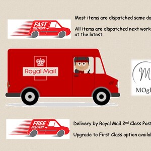May include: A red Royal Mail delivery van with the text "Royal Mail" on the side. The van is driving on a white road with a white background. The text "Most items are dispatched same day. All items are dispatched next working day at the latest." is visible above the van. The text "Delivery by Royal Mail 2nd Class Post Upgrade to First Class option available" is visible below the van.