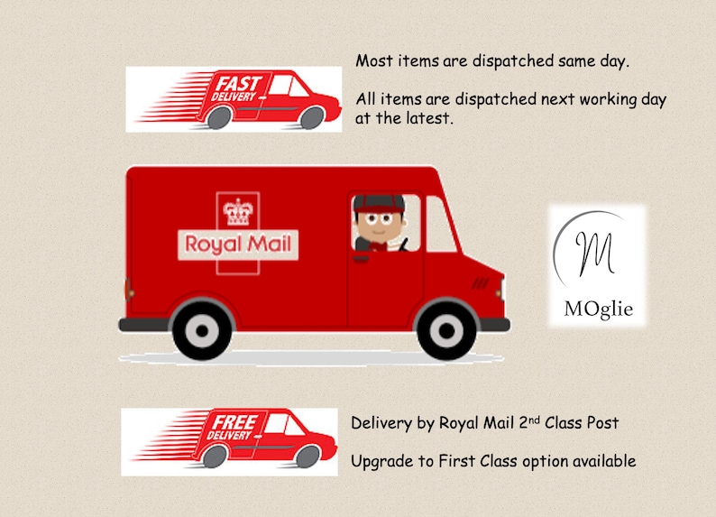 May include: A red Royal Mail delivery van with the text "Royal Mail" on the side. The van is driving on a white road with a white background. The text "Most items are dispatched same day. All items are dispatched next working day at the latest." is visible above the van. The text "Delivery by Royal Mail 2nd Class Post Upgrade to First Class option available" is visible below the van.