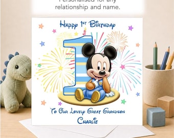 May include: A square greeting card featuring a blue and yellow striped number one, a cartoon mouse character in blue overalls, and colorful fireworks. The text reads Happy 1st Birthday, To Our Lovely Great Grandson, and Charlie.
