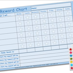 May include: A blue and white reward chart with a grid of stars for each day of the week. The chart has a section for a daily score and a space to write in rewards for different numbers of stars. The chart is designed for children to track their progress and earn rewards.