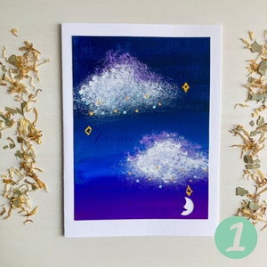 Cartes de notes Gouache peintes à la main (ensemble de 4, intérieur vierge) | Nuages, ciel crépusculaire