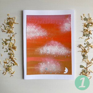 Cartes de notes Gouache peintes à la main (ensemble de 4, intérieur vierge) | Nuages, ciel du lever du soleil